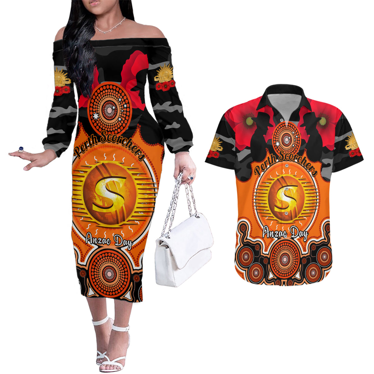 perth-scorchers-anzac-2024-couples-matching-off-the-shoulder-long-sleeve-dress-and-hawaiian-shirt-lest-we-forget-poppy-mix-camouflage