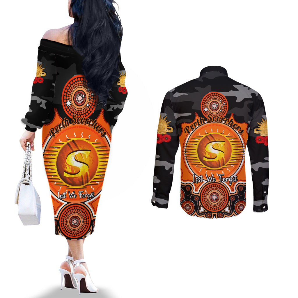 perth-scorchers-anzac-2024-couples-matching-off-the-shoulder-long-sleeve-dress-and-long-sleeve-button-shirt-lest-we-forget-poppy-mix-camouflage