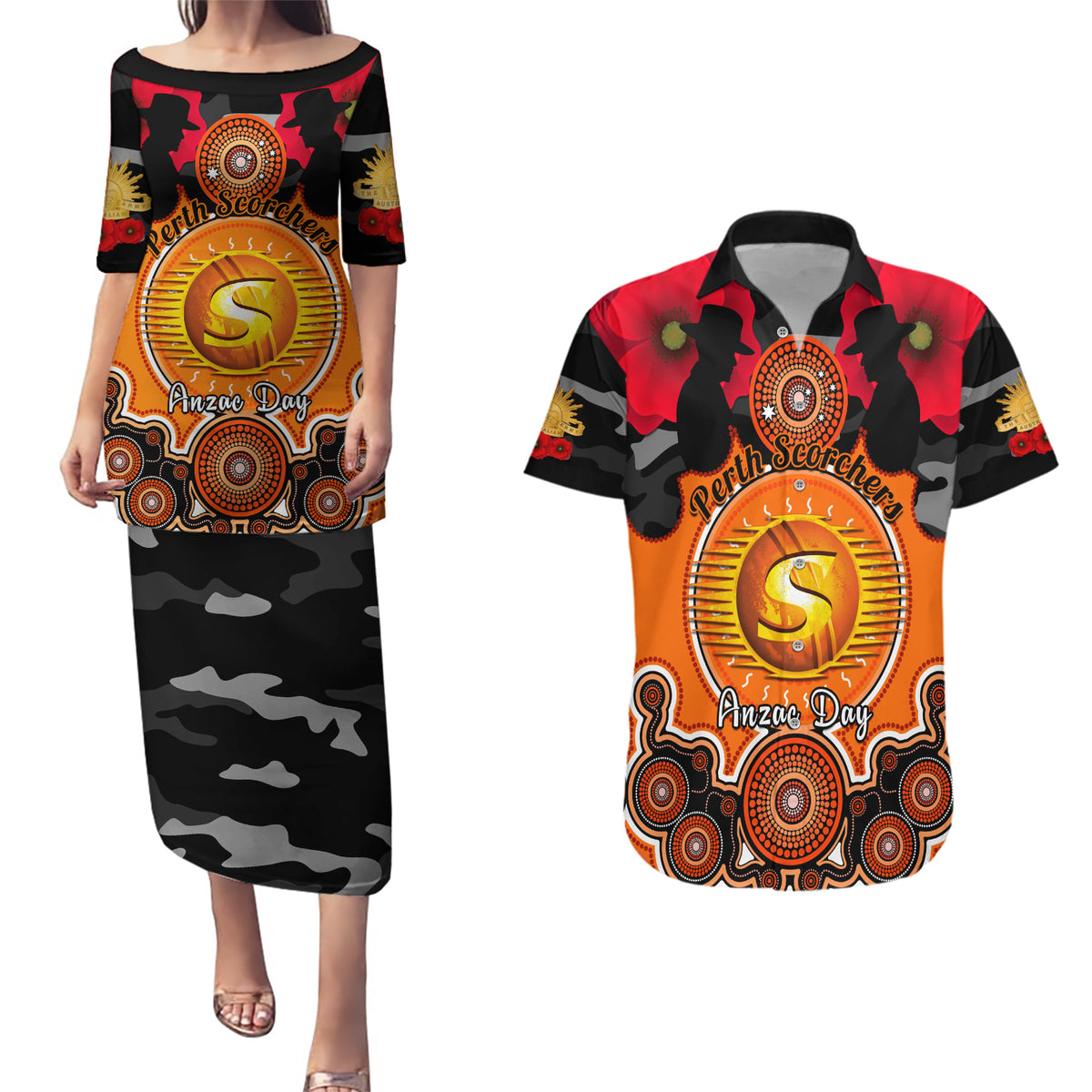 perth-scorchers-anzac-2024-couples-matching-puletasi-dress-and-hawaiian-shirt-lest-we-forget-poppy-mix-camouflage