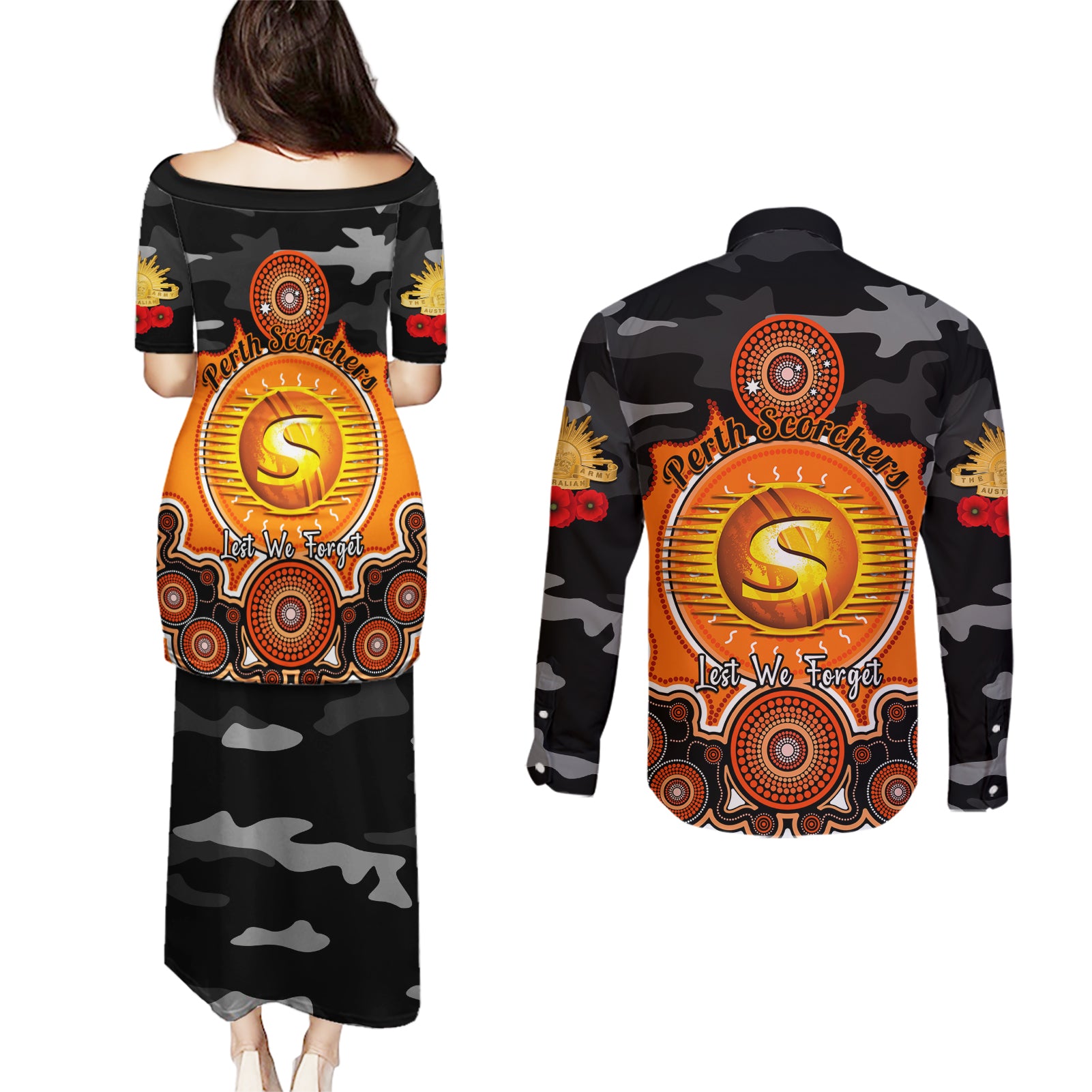 perth-scorchers-anzac-2024-couples-matching-puletasi-dress-and-long-sleeve-button-shirt-lest-we-forget-poppy-mix-camouflage