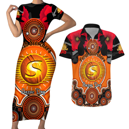 perth-scorchers-anzac-2024-couples-matching-short-sleeve-bodycon-dress-and-hawaiian-shirt-lest-we-forget-poppy-mix-camouflage