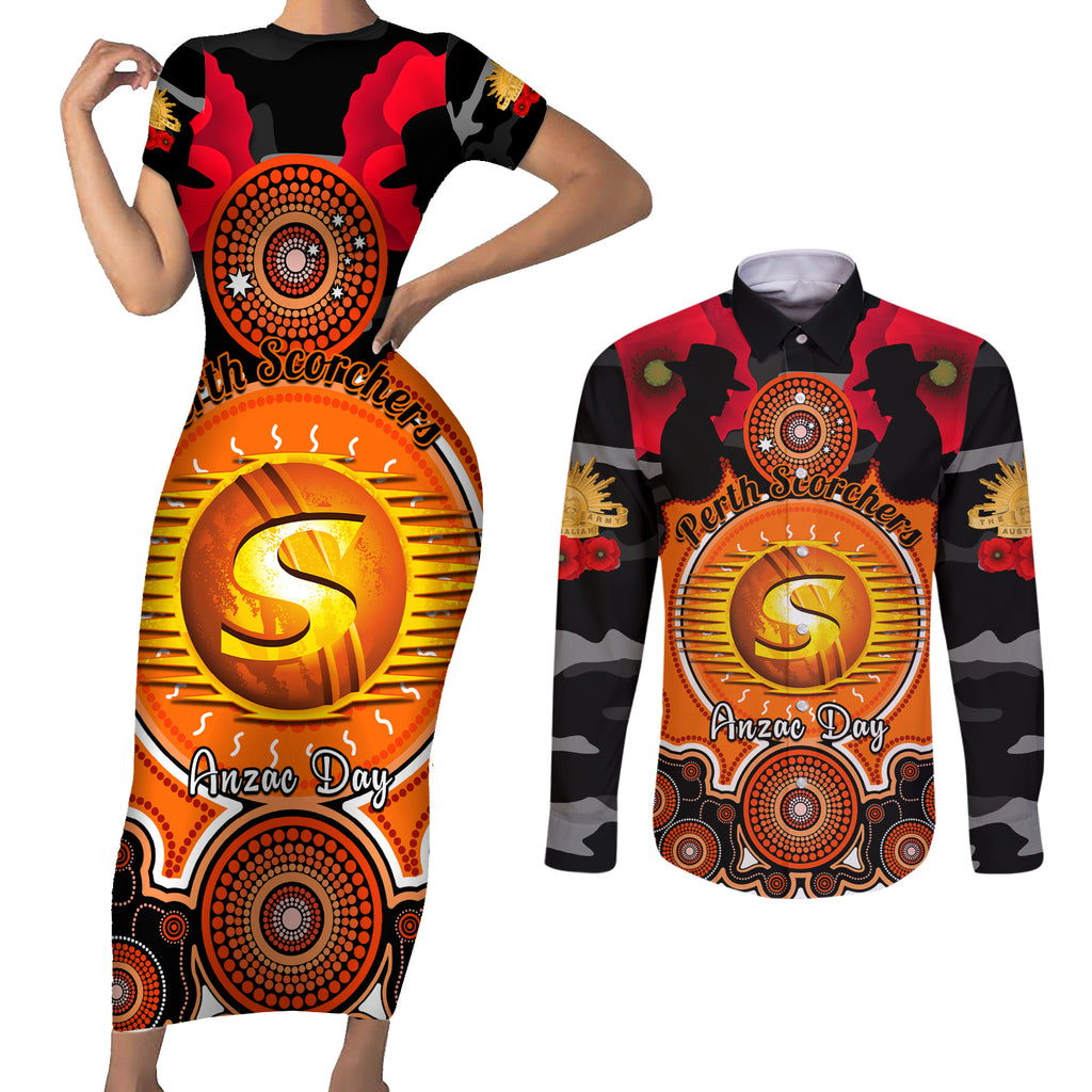 perth-scorchers-anzac-2024-couples-matching-short-sleeve-bodycon-dress-and-long-sleeve-button-shirt-lest-we-forget-poppy-mix-camouflage