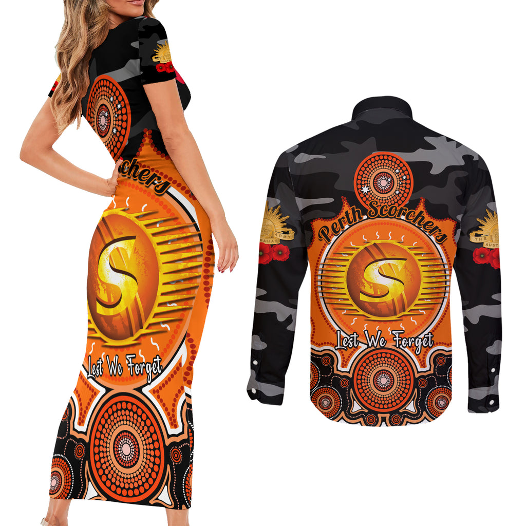 perth-scorchers-anzac-2024-couples-matching-short-sleeve-bodycon-dress-and-long-sleeve-button-shirt-lest-we-forget-poppy-mix-camouflage