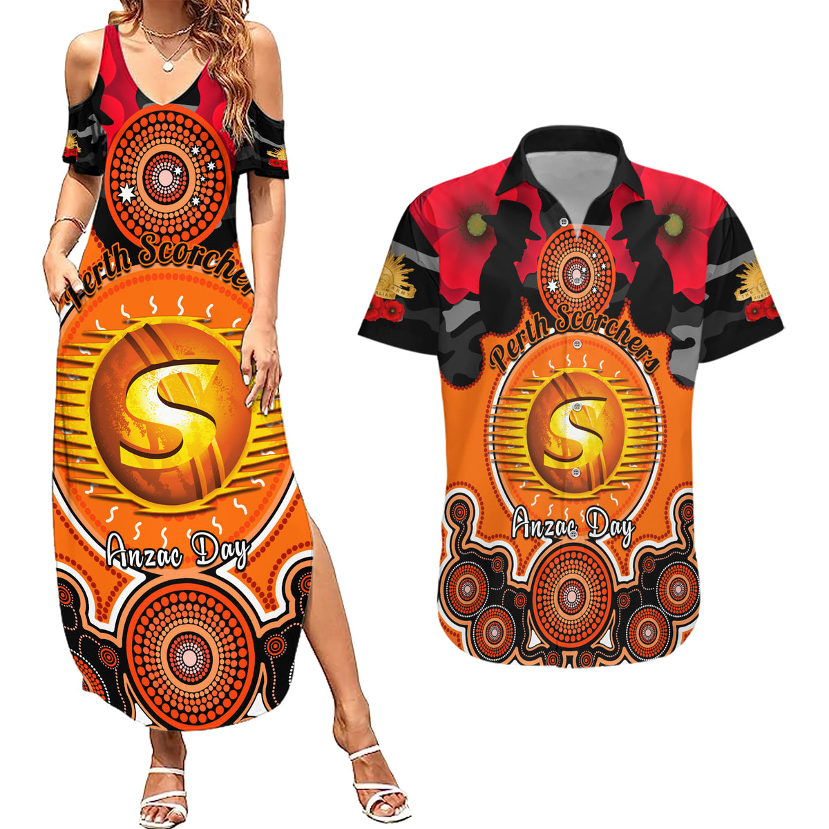 perth-scorchers-anzac-2024-couples-matching-summer-maxi-dress-and-hawaiian-shirt-lest-we-forget-poppy-mix-camouflage