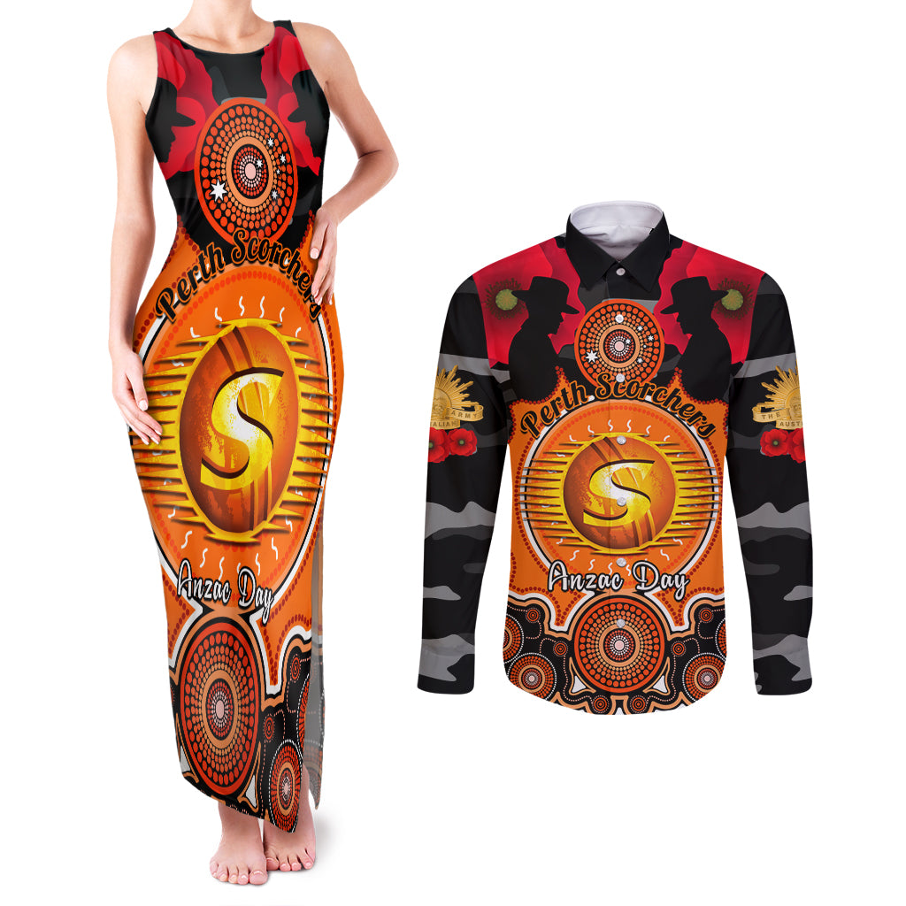 perth-scorchers-anzac-2024-couples-matching-tank-maxi-dress-and-long-sleeve-button-shirt-lest-we-forget-poppy-mix-camouflage