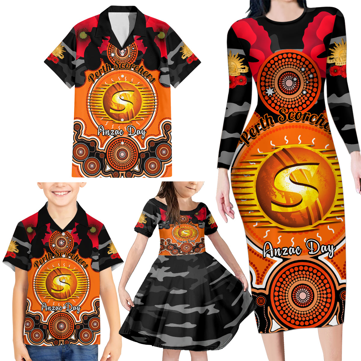 perth-scorchers-anzac-2024-family-matching-long-sleeve-bodycon-dress-and-hawaiian-shirt-lest-we-forget-poppy-mix-camouflage