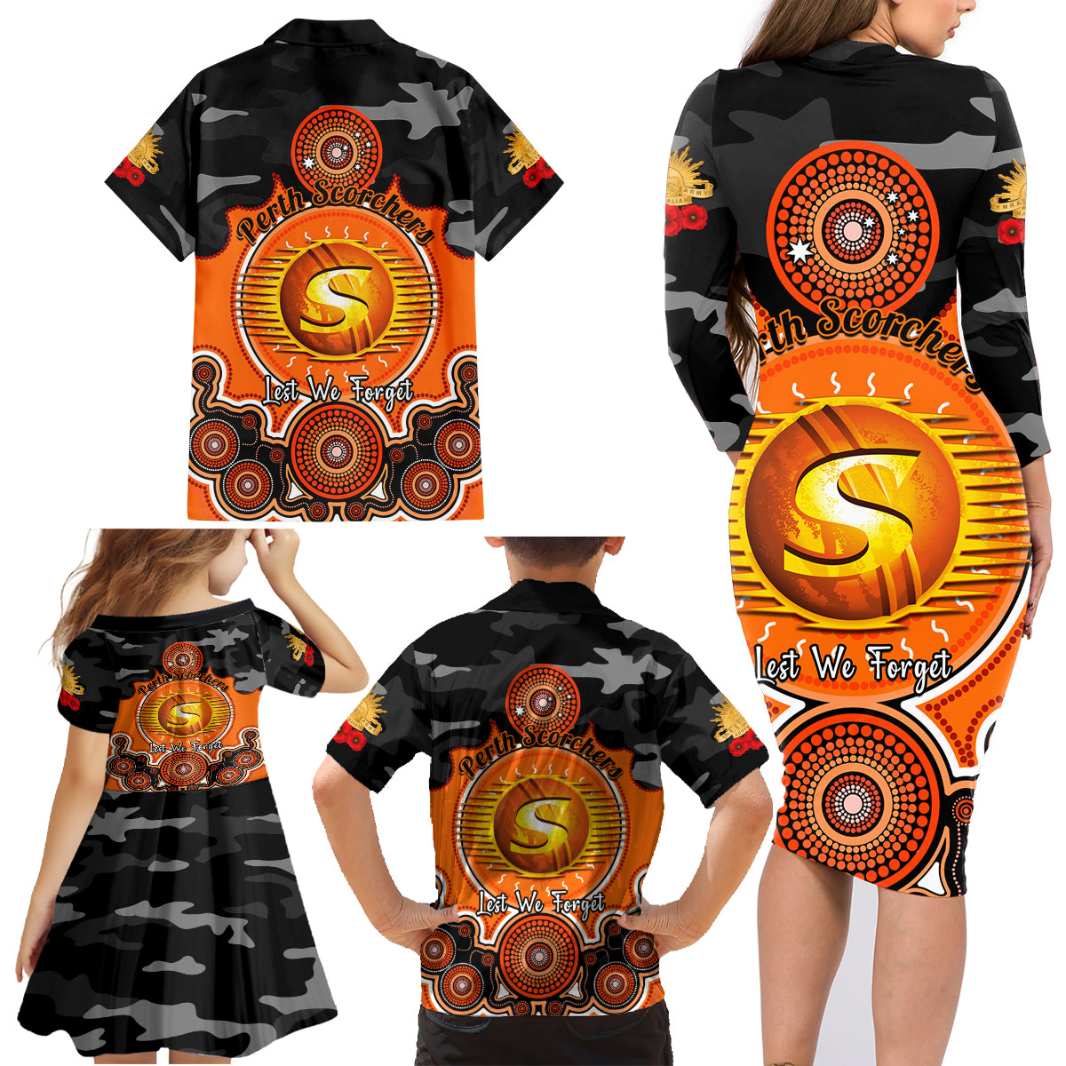 perth-scorchers-anzac-2024-family-matching-long-sleeve-bodycon-dress-and-hawaiian-shirt-lest-we-forget-poppy-mix-camouflage