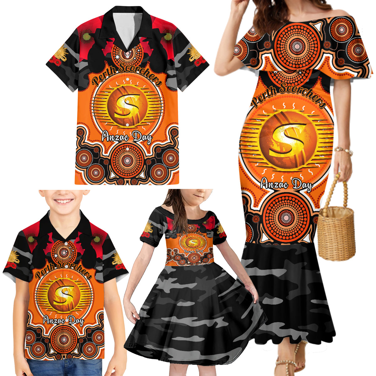 perth-scorchers-anzac-2024-family-matching-mermaid-dress-and-hawaiian-shirt-lest-we-forget-poppy-mix-camouflage