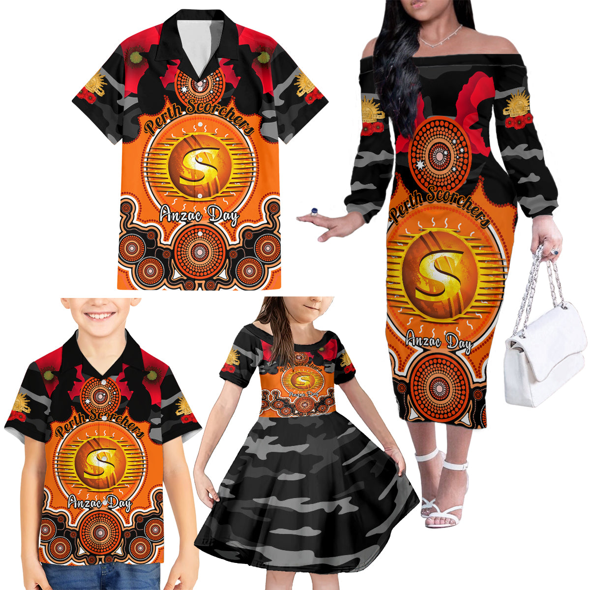 perth-scorchers-anzac-2024-family-matching-off-shoulder-long-sleeve-dress-and-hawaiian-shirt-lest-we-forget-poppy-mix-camouflage