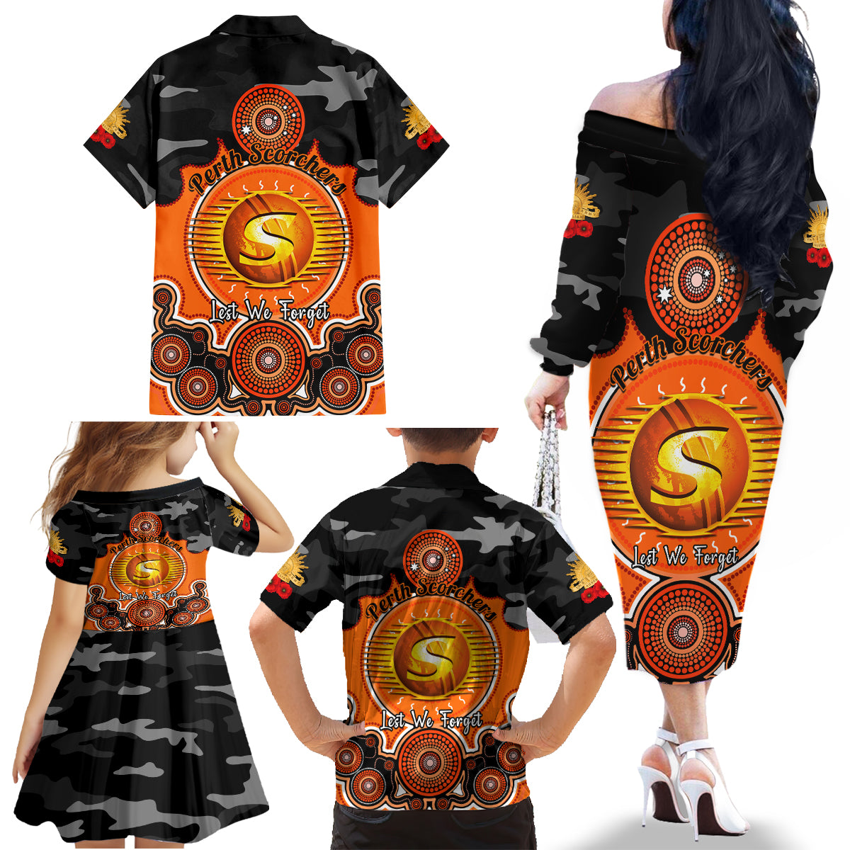 perth-scorchers-anzac-2024-family-matching-off-shoulder-long-sleeve-dress-and-hawaiian-shirt-lest-we-forget-poppy-mix-camouflage