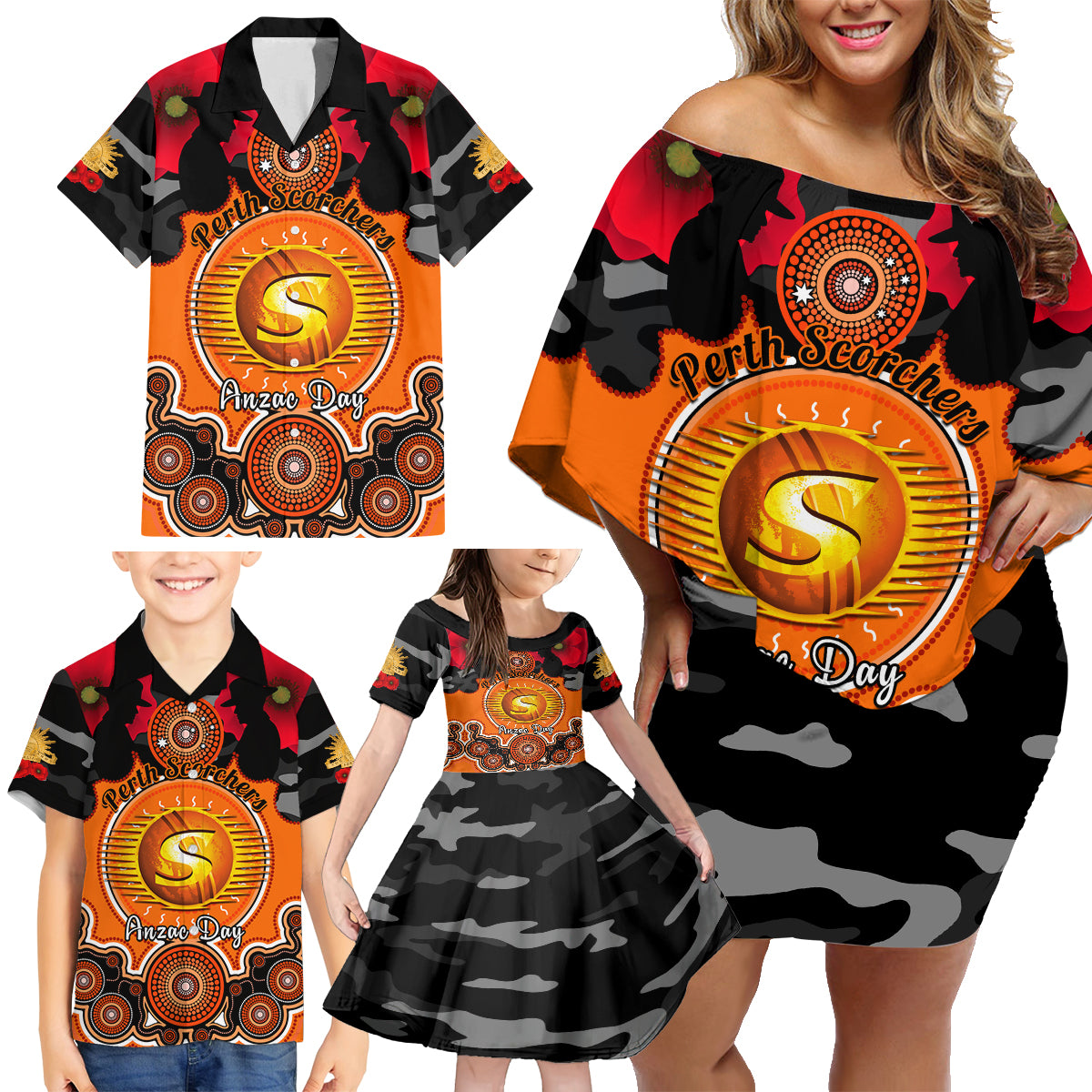 perth-scorchers-anzac-2024-family-matching-off-shoulder-short-dress-and-hawaiian-shirt-lest-we-forget-poppy-mix-camouflage