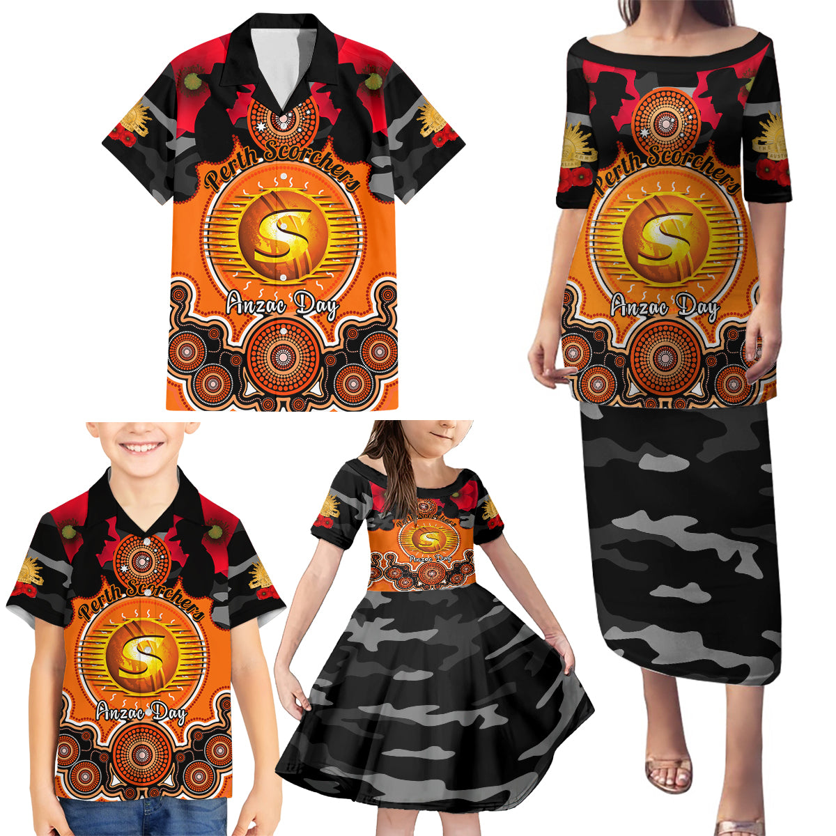 perth-scorchers-anzac-2024-family-matching-puletasi-dress-and-hawaiian-shirt-lest-we-forget-poppy-mix-camouflage