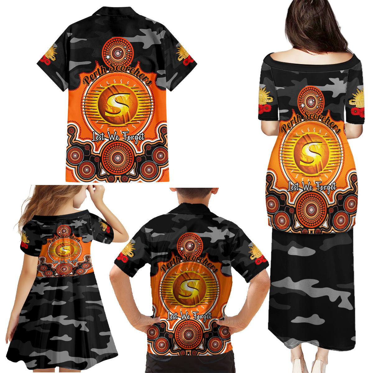 perth-scorchers-anzac-2024-family-matching-puletasi-dress-and-hawaiian-shirt-lest-we-forget-poppy-mix-camouflage