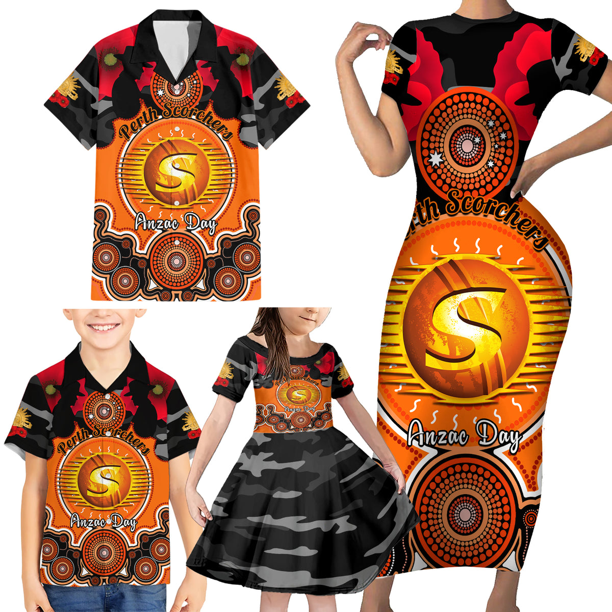 perth-scorchers-anzac-2024-family-matching-short-sleeve-bodycon-dress-and-hawaiian-shirt-lest-we-forget-poppy-mix-camouflage