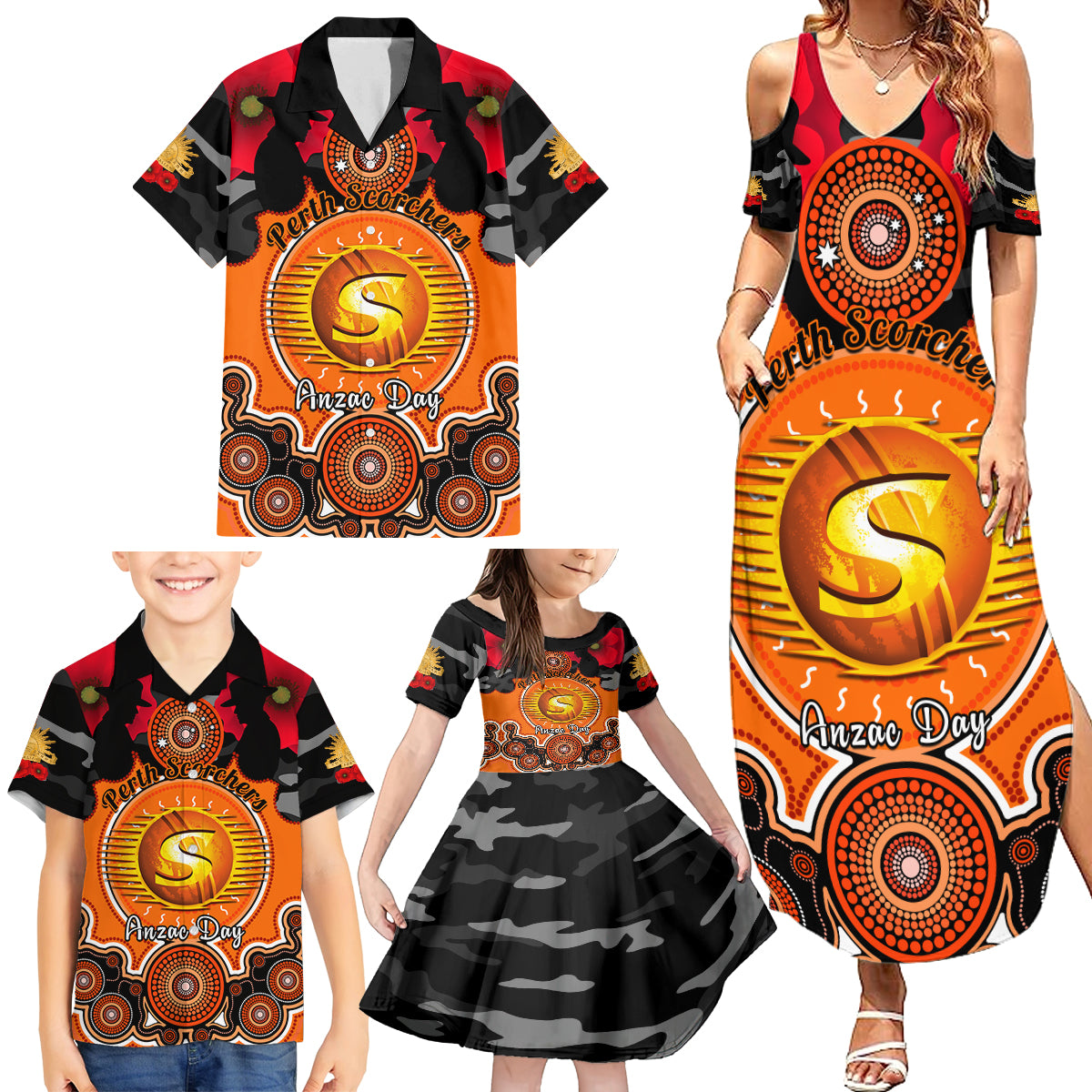perth-scorchers-anzac-2024-family-matching-summer-maxi-dress-and-hawaiian-shirt-lest-we-forget-poppy-mix-camouflage