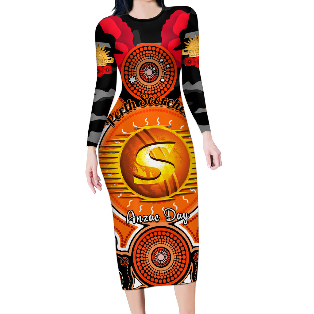 perth-scorchers-anzac-2024-long-sleeve-bodycon-dress-lest-we-forget-poppy-mix-camouflage