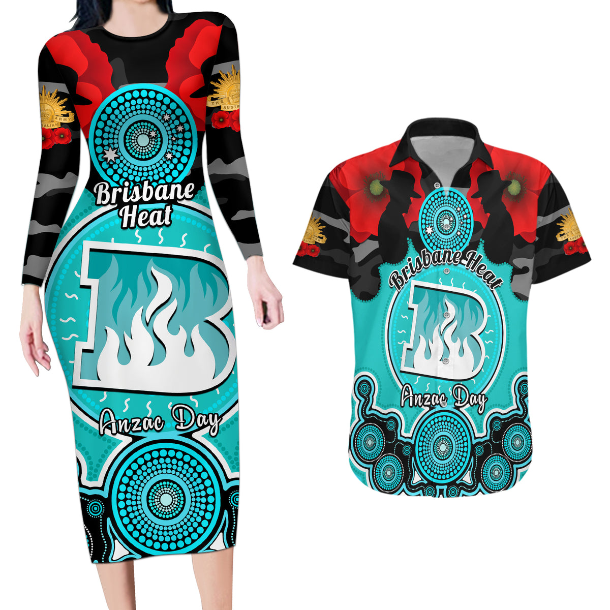 brisbane-heat-anzac-2024-couples-matching-long-sleeve-bodycon-dress-and-hawaiian-shirt-lest-we-forget-poppy-mix-camouflage
