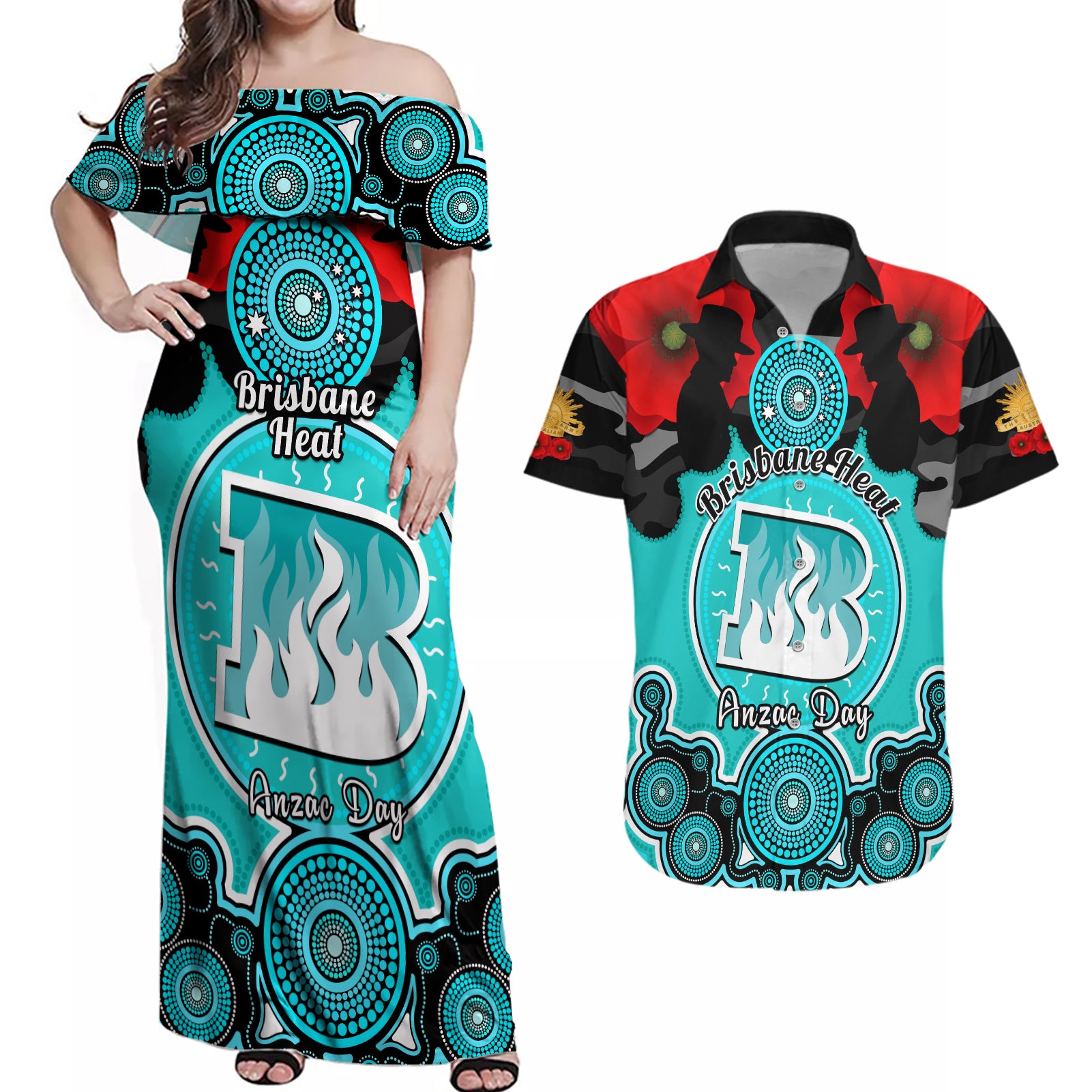 brisbane-heat-anzac-2024-couples-matching-off-shoulder-maxi-dress-and-hawaiian-shirt-lest-we-forget-poppy-mix-camouflage