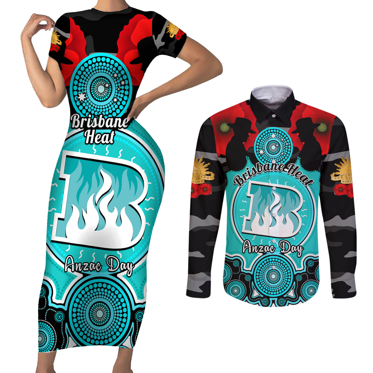 brisbane-heat-anzac-2024-couples-matching-short-sleeve-bodycon-dress-and-long-sleeve-button-shirt-lest-we-forget-poppy-mix-camouflage
