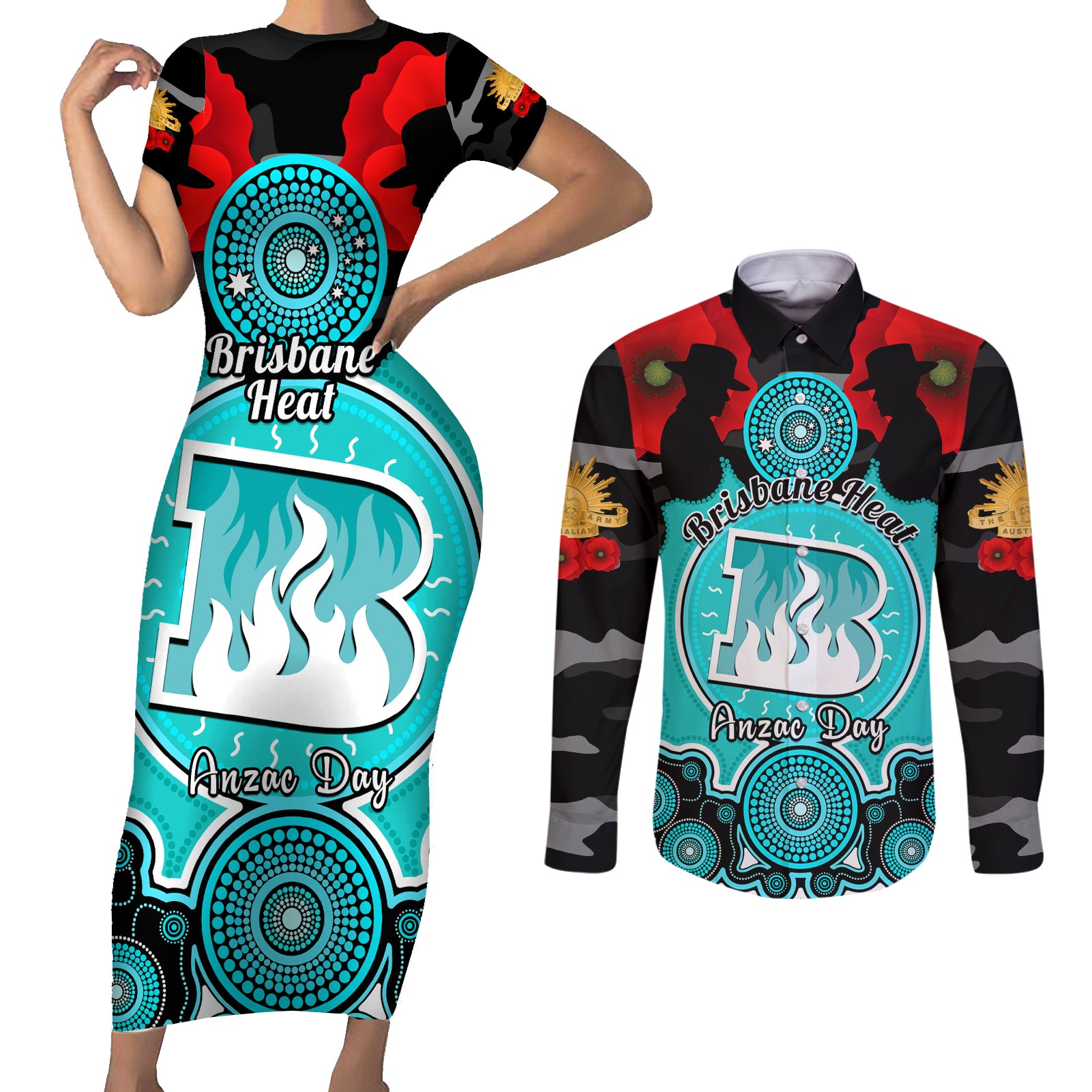 brisbane-heat-anzac-2024-couples-matching-short-sleeve-bodycon-dress-and-long-sleeve-button-shirt-lest-we-forget-poppy-mix-camouflage