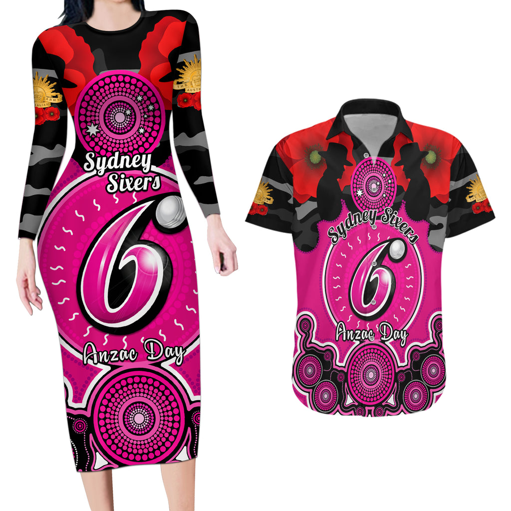 sydney-sixers-anzac-2024-couples-matching-long-sleeve-bodycon-dress-and-hawaiian-shirt-lest-we-forget-poppy-mix-camouflage