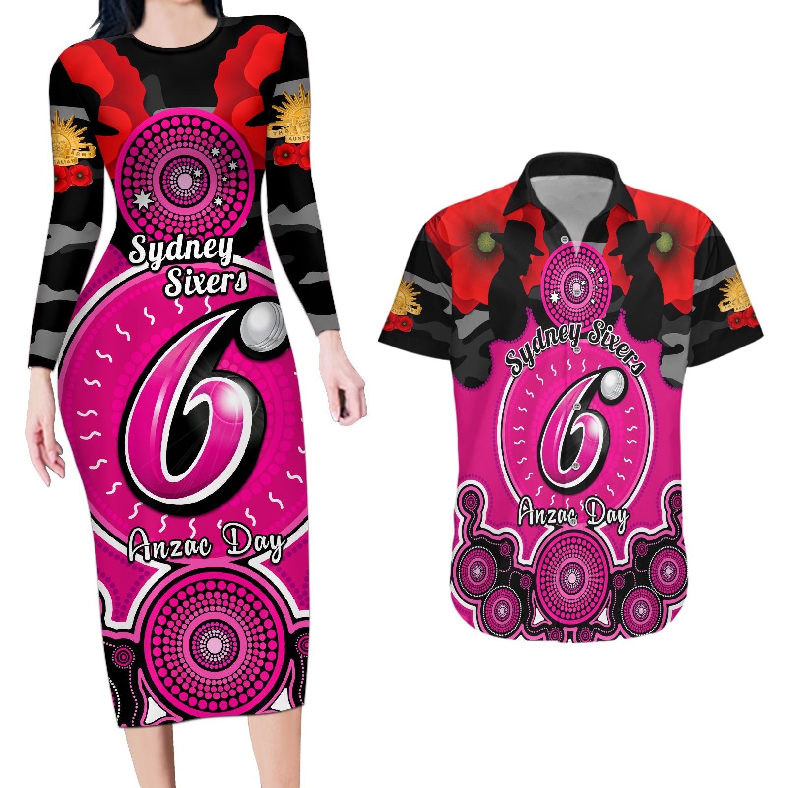 sydney-sixers-anzac-2024-couples-matching-long-sleeve-bodycon-dress-and-hawaiian-shirt-lest-we-forget-poppy-mix-camouflage