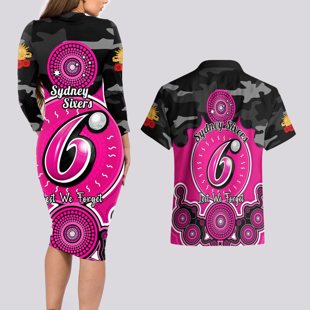 sydney-sixers-anzac-2024-couples-matching-long-sleeve-bodycon-dress-and-hawaiian-shirt-lest-we-forget-poppy-mix-camouflage