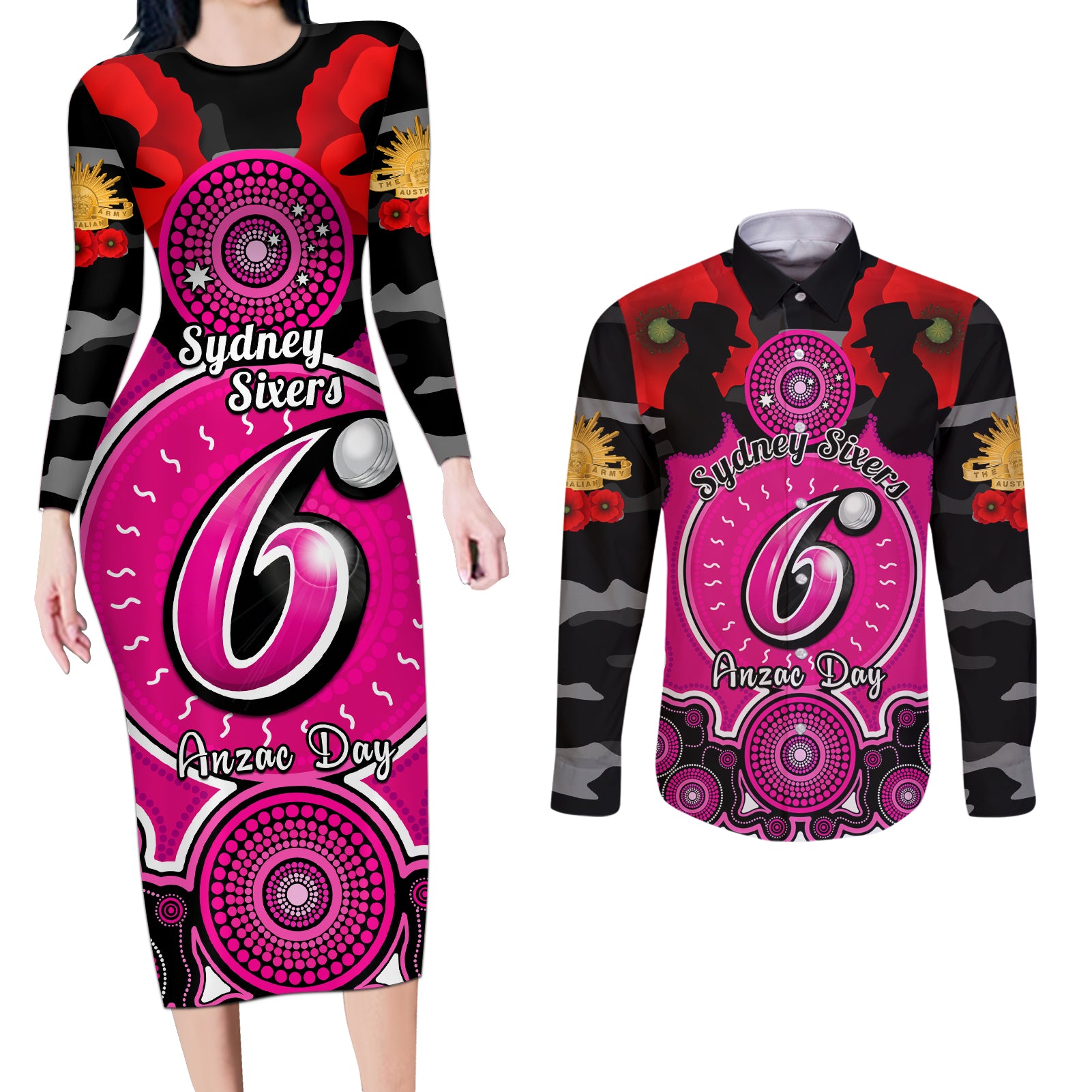 sydney-sixers-anzac-2024-couples-matching-long-sleeve-bodycon-dress-and-long-sleeve-button-shirt-lest-we-forget-poppy-mix-camouflage
