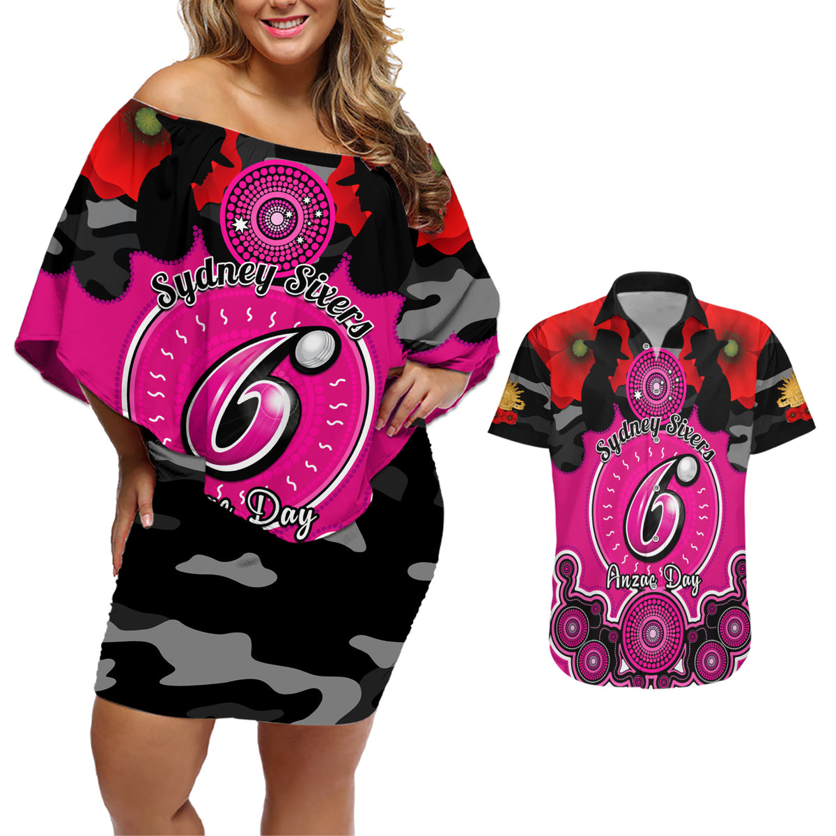 sydney-sixers-anzac-2024-couples-matching-off-shoulder-short-dress-and-hawaiian-shirt-lest-we-forget-poppy-mix-camouflage