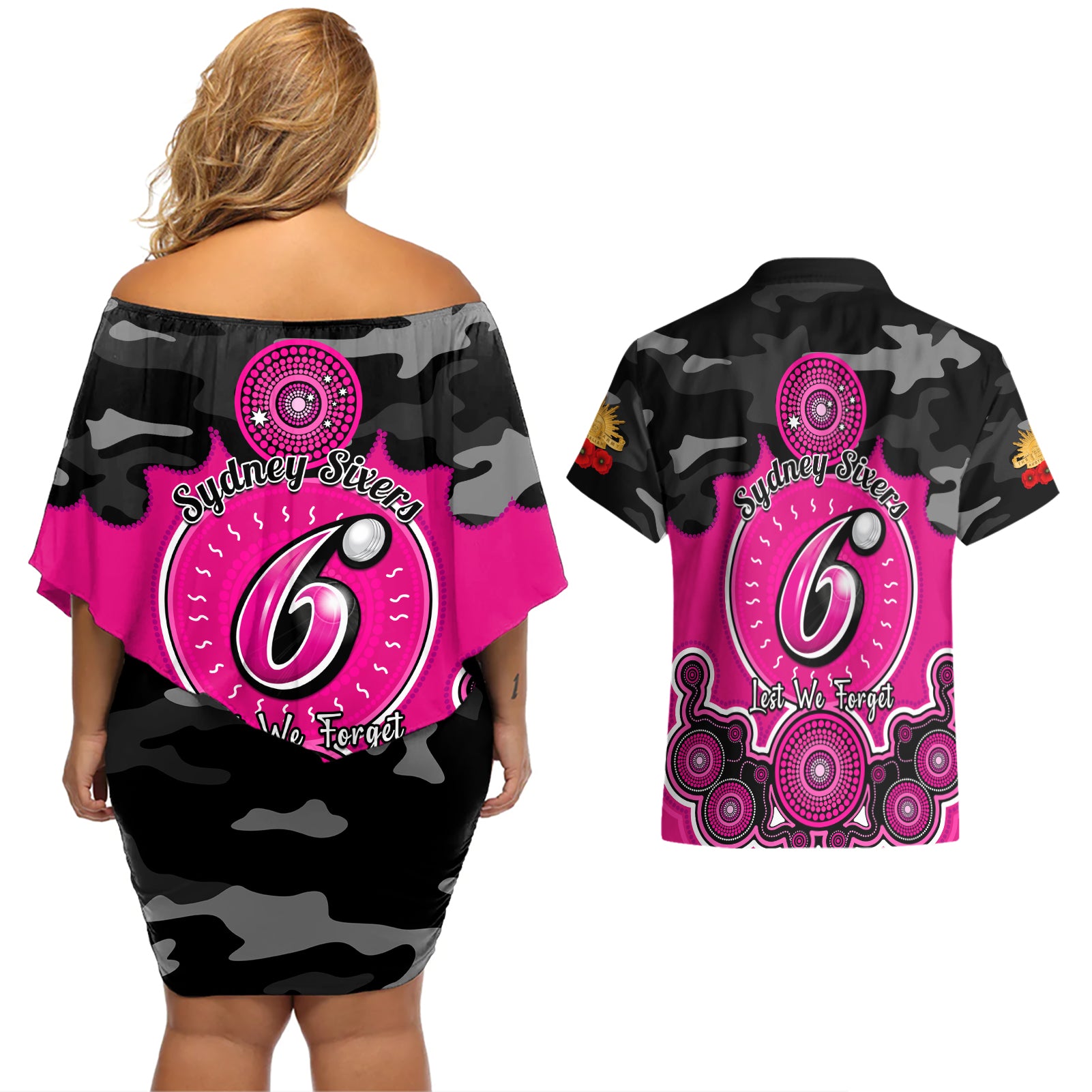 sydney-sixers-anzac-2024-couples-matching-off-shoulder-short-dress-and-hawaiian-shirt-lest-we-forget-poppy-mix-camouflage
