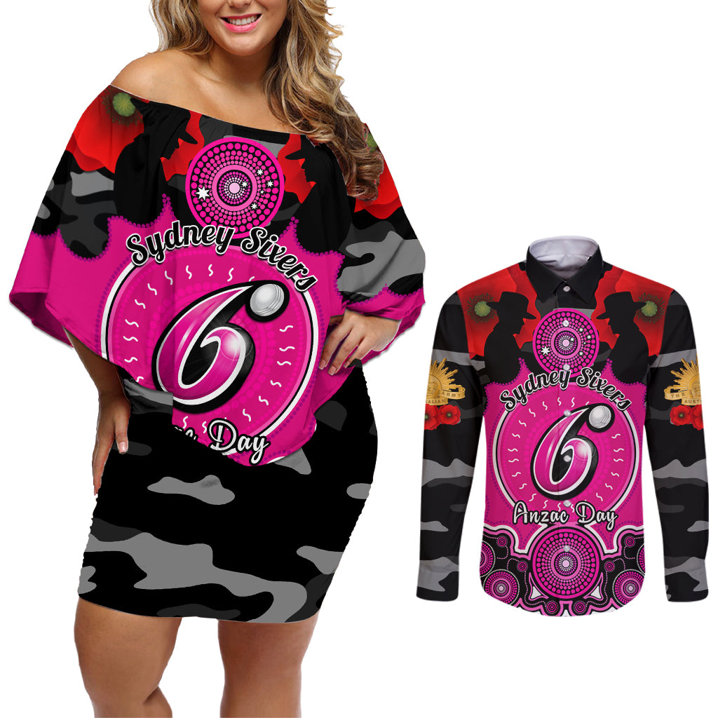 sydney-sixers-anzac-2024-couples-matching-off-shoulder-short-dress-and-long-sleeve-button-shirt-lest-we-forget-poppy-mix-camouflage