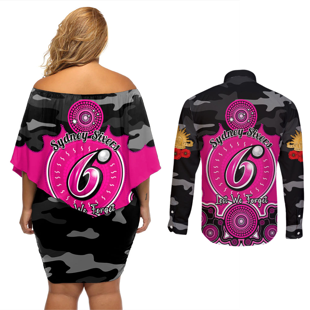 sydney-sixers-anzac-2024-couples-matching-off-shoulder-short-dress-and-long-sleeve-button-shirt-lest-we-forget-poppy-mix-camouflage