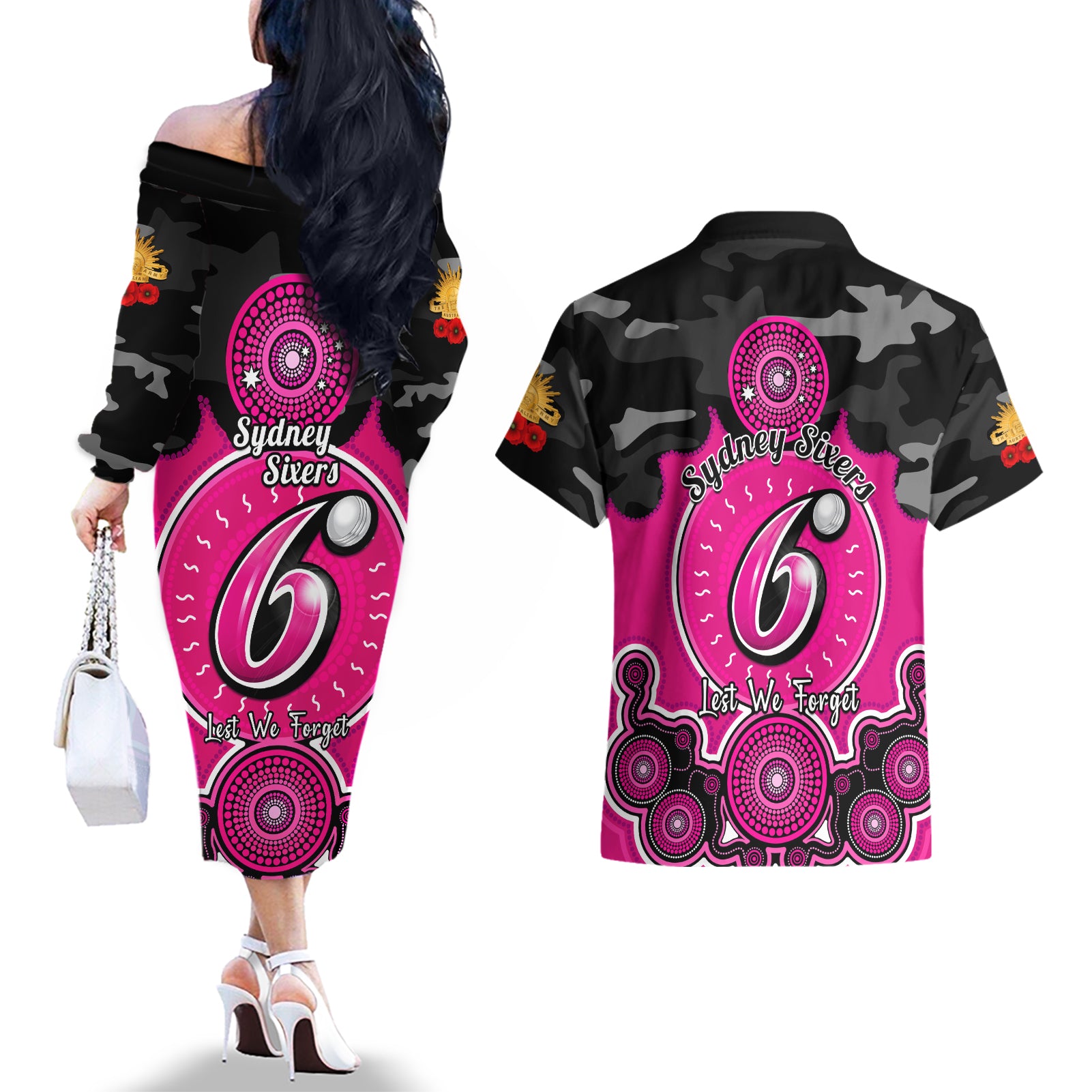 sydney-sixers-anzac-2024-couples-matching-off-the-shoulder-long-sleeve-dress-and-hawaiian-shirt-lest-we-forget-poppy-mix-camouflage