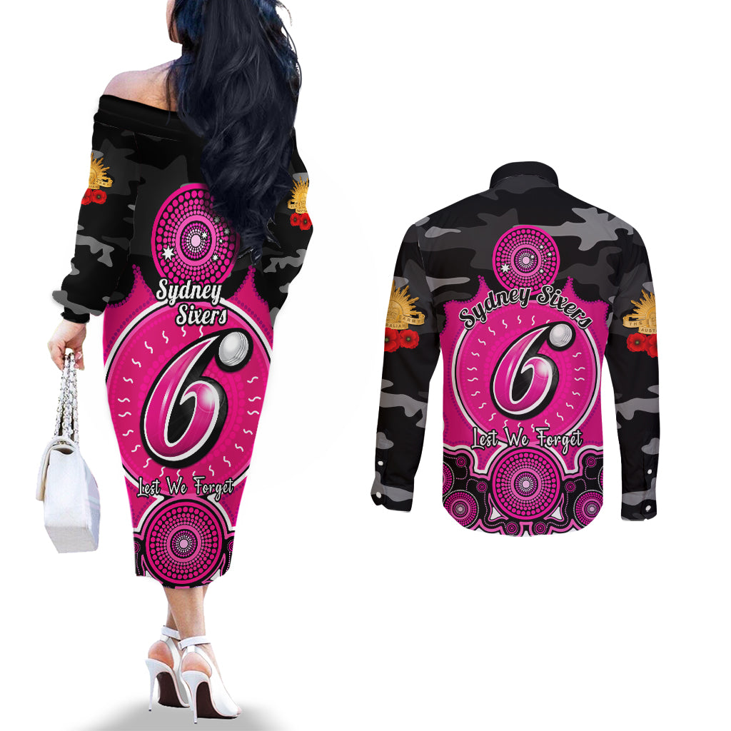 sydney-sixers-anzac-2024-couples-matching-off-the-shoulder-long-sleeve-dress-and-long-sleeve-button-shirt-lest-we-forget-poppy-mix-camouflage