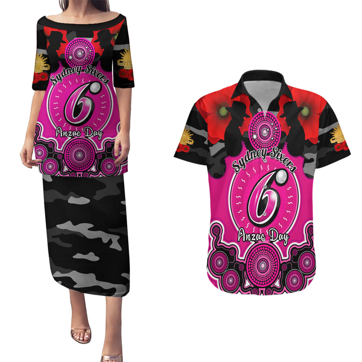 sydney-sixers-anzac-2024-couples-matching-puletasi-dress-and-hawaiian-shirt-lest-we-forget-poppy-mix-camouflage