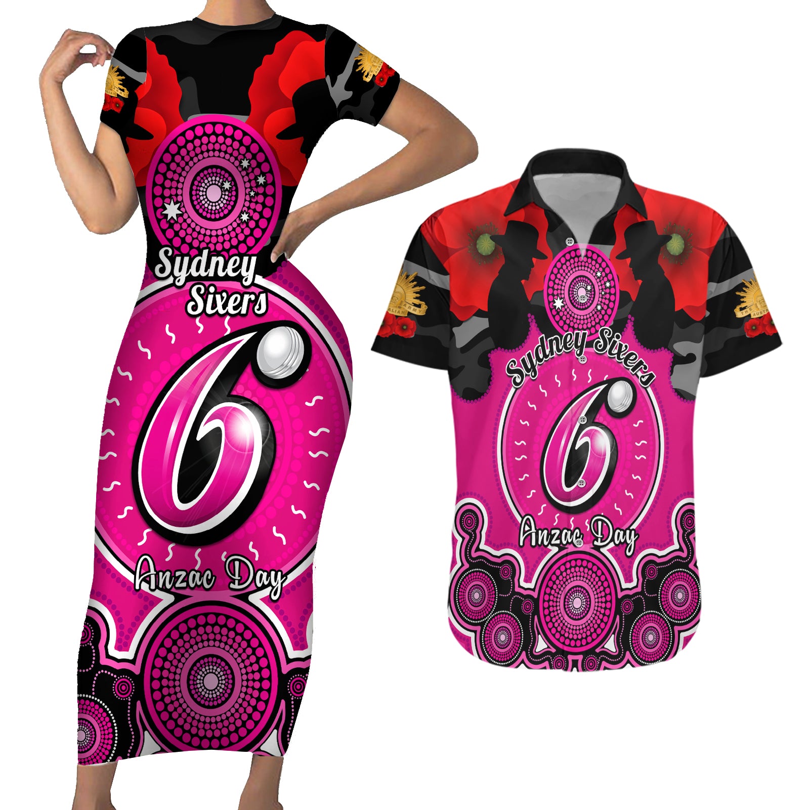 sydney-sixers-anzac-2024-couples-matching-short-sleeve-bodycon-dress-and-hawaiian-shirt-lest-we-forget-poppy-mix-camouflage