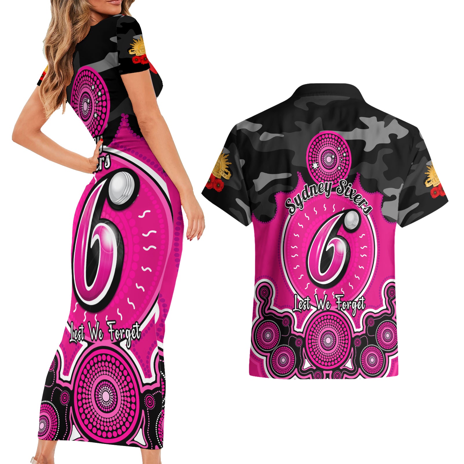 sydney-sixers-anzac-2024-couples-matching-short-sleeve-bodycon-dress-and-hawaiian-shirt-lest-we-forget-poppy-mix-camouflage