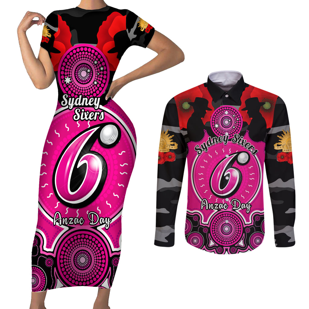 sydney-sixers-anzac-2024-couples-matching-short-sleeve-bodycon-dress-and-long-sleeve-button-shirt-lest-we-forget-poppy-mix-camouflage