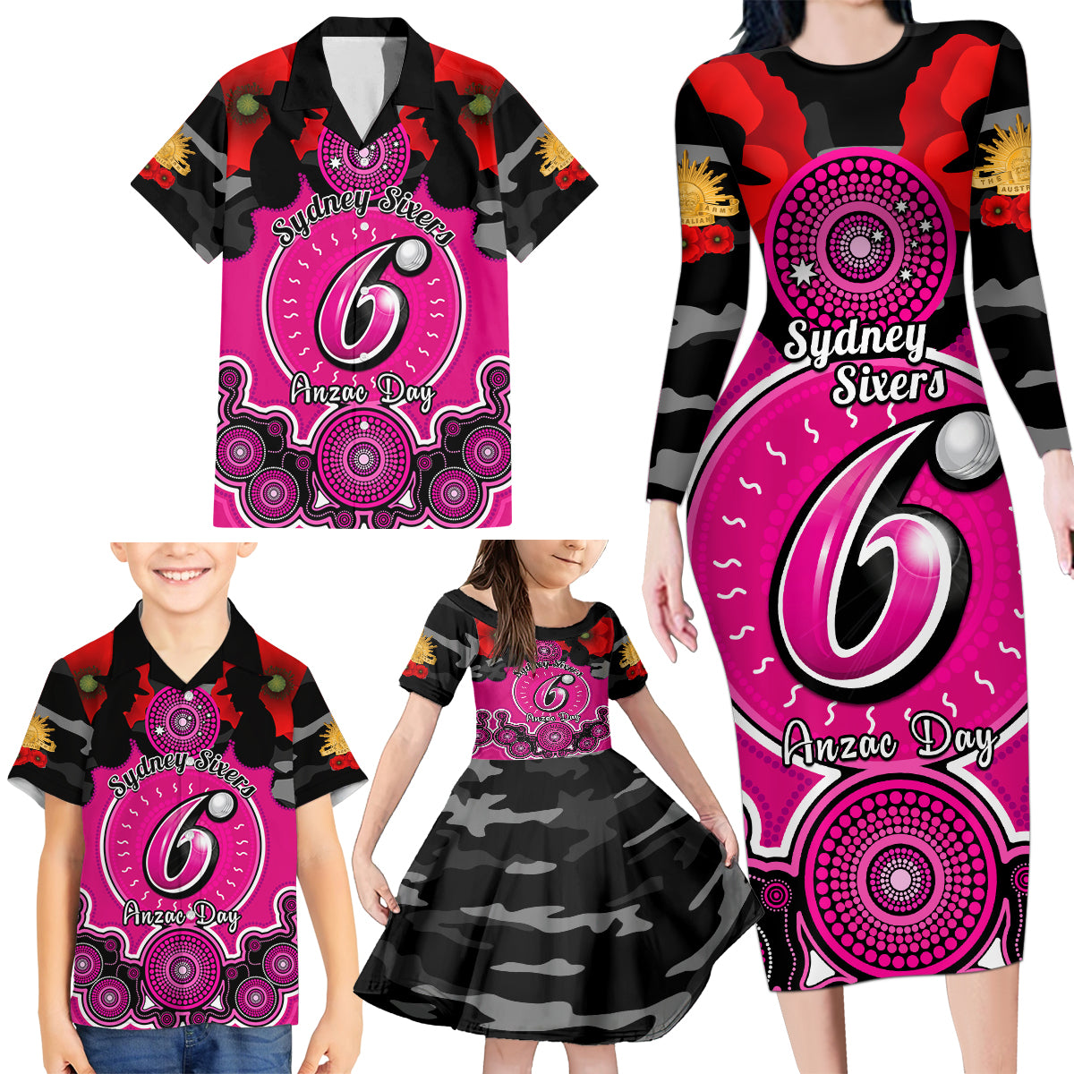 sydney-sixers-anzac-2024-family-matching-long-sleeve-bodycon-dress-and-hawaiian-shirt-lest-we-forget-poppy-mix-camouflage