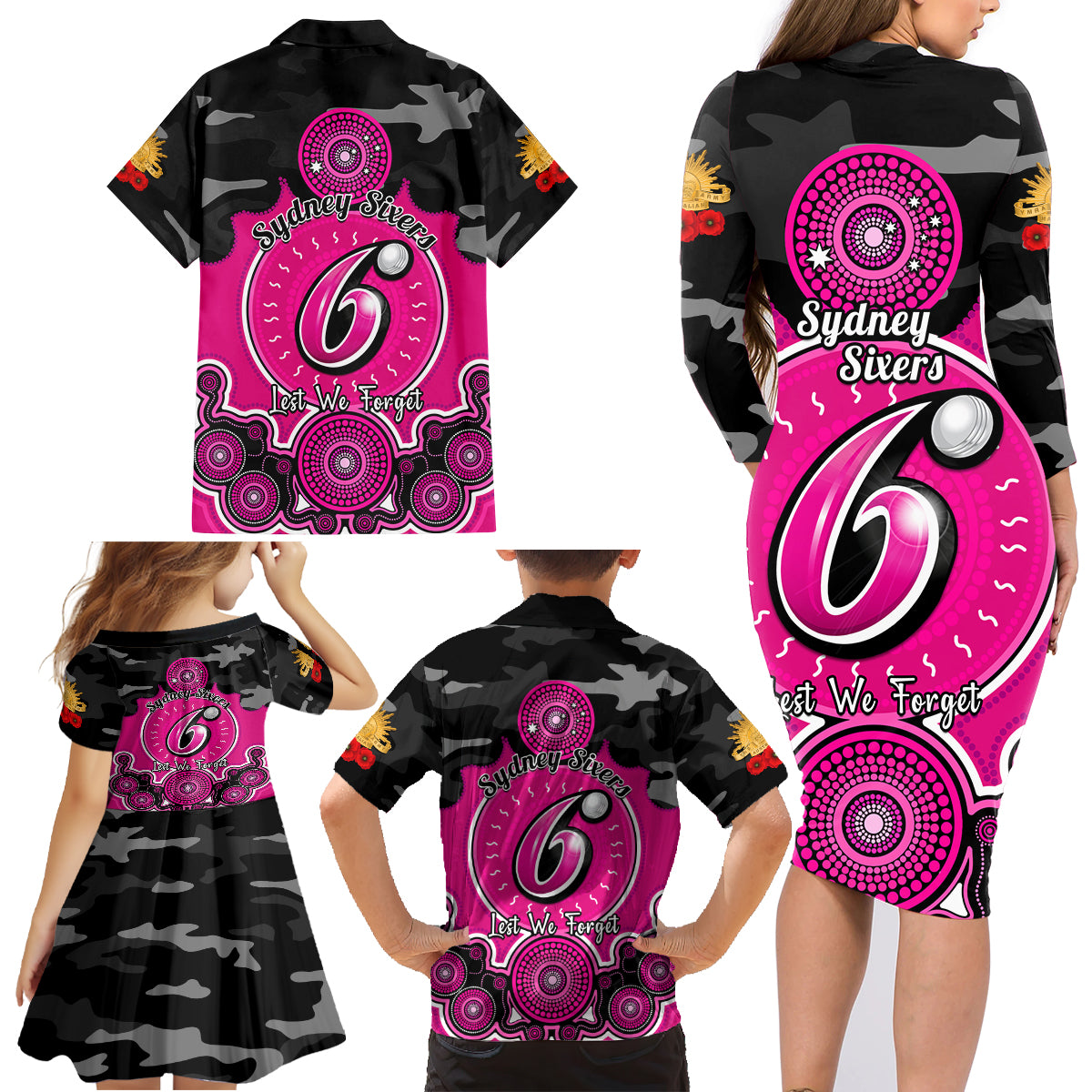 sydney-sixers-anzac-2024-family-matching-long-sleeve-bodycon-dress-and-hawaiian-shirt-lest-we-forget-poppy-mix-camouflage
