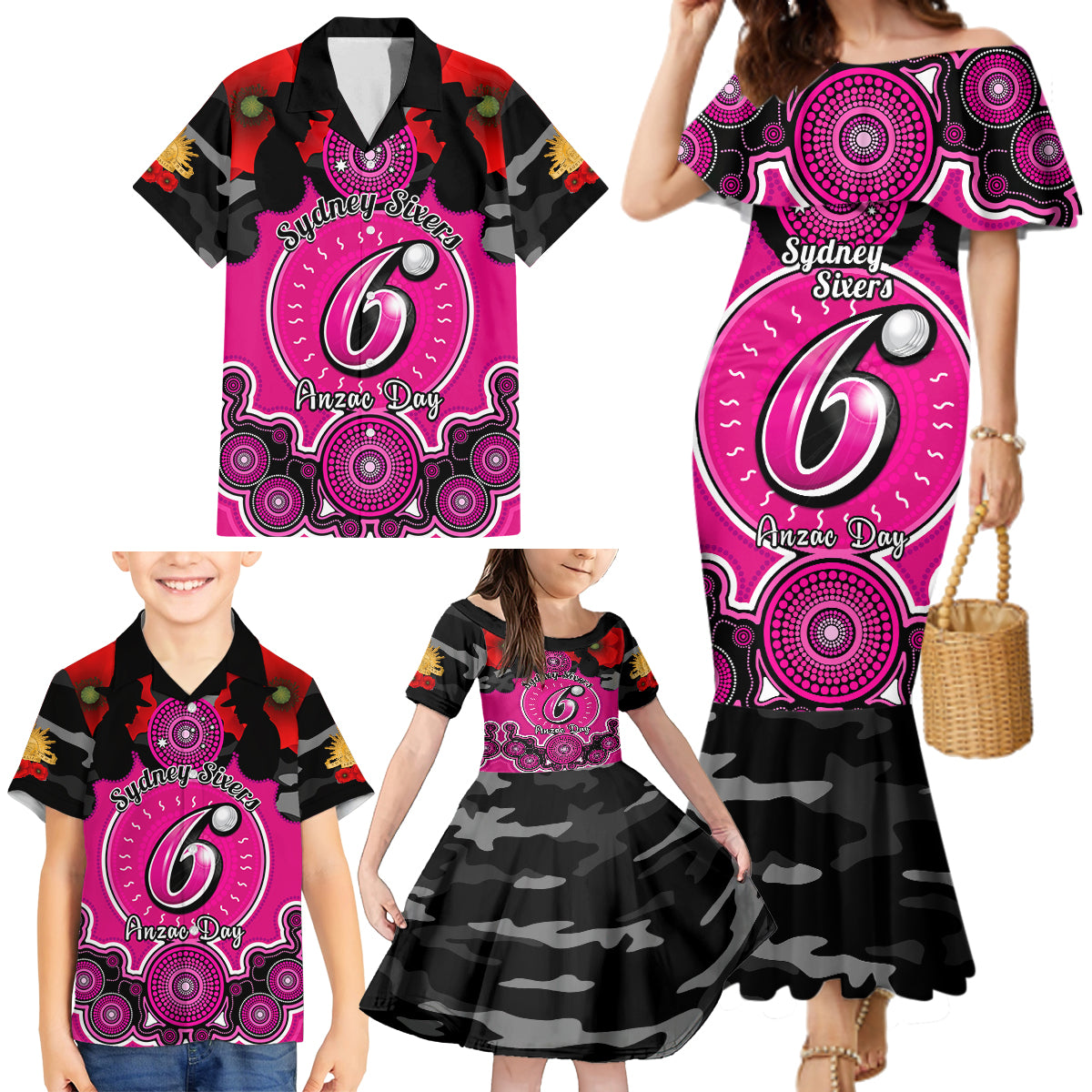 sydney-sixers-anzac-2024-family-matching-mermaid-dress-and-hawaiian-shirt-lest-we-forget-poppy-mix-camouflage