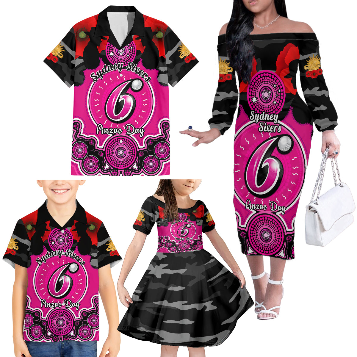 sydney-sixers-anzac-2024-family-matching-off-shoulder-long-sleeve-dress-and-hawaiian-shirt-lest-we-forget-poppy-mix-camouflage