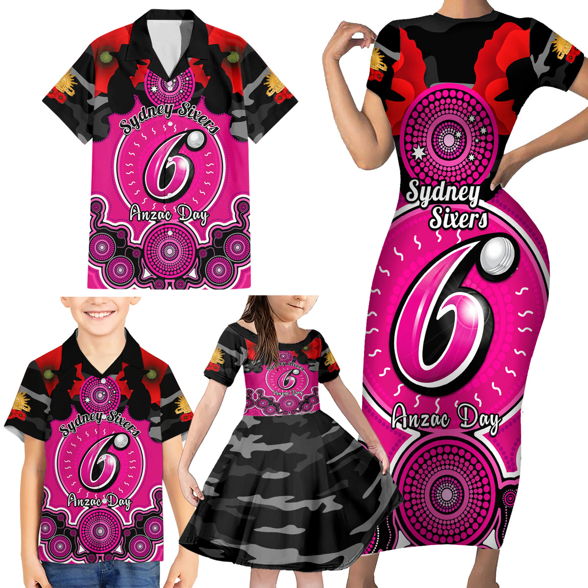 sydney-sixers-anzac-2024-family-matching-short-sleeve-bodycon-dress-and-hawaiian-shirt-lest-we-forget-poppy-mix-camouflage