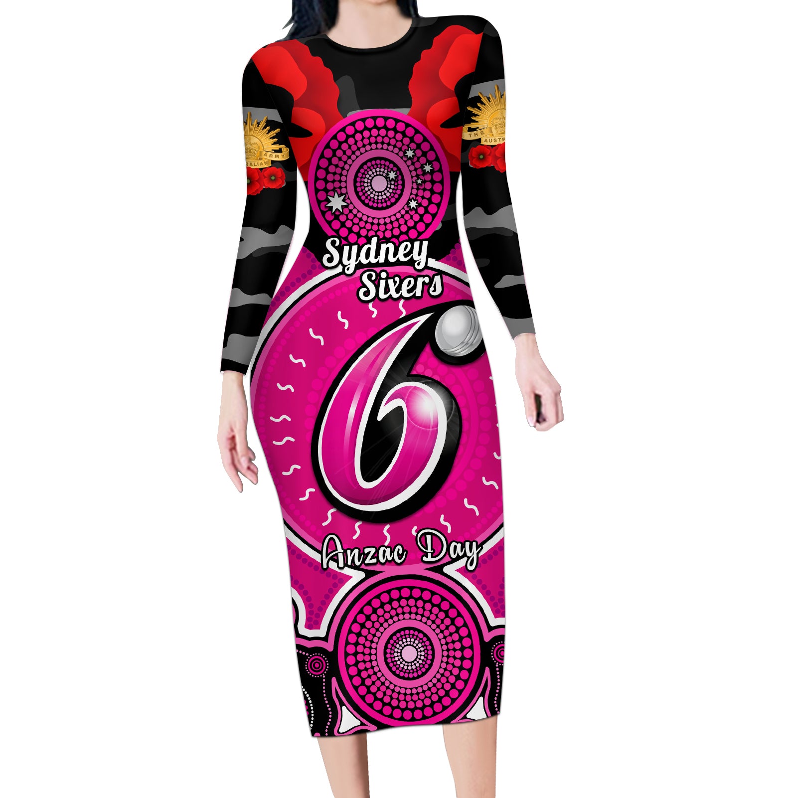 sydney-sixers-anzac-2024-long-sleeve-bodycon-dress-lest-we-forget-poppy-mix-camouflage