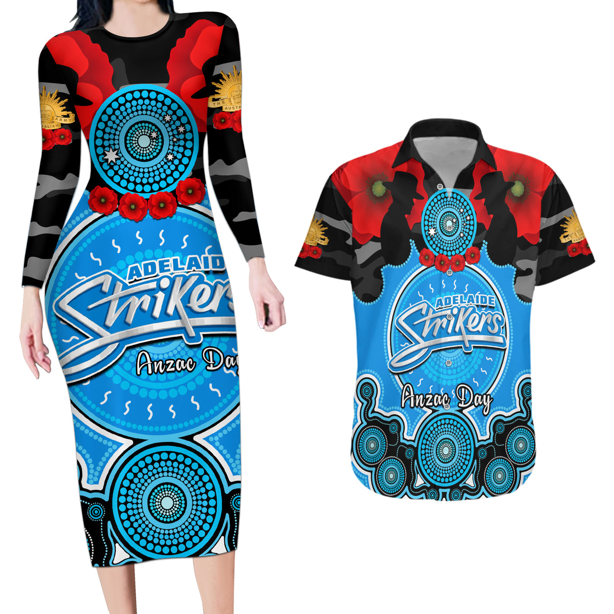 adelaide-strikers-anzac-2024-couples-matching-long-sleeve-bodycon-dress-and-hawaiian-shirt-lest-we-forget-poppy-mix-camouflage