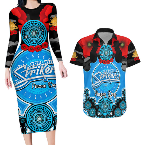 adelaide-strikers-anzac-2024-couples-matching-long-sleeve-bodycon-dress-and-hawaiian-shirt-lest-we-forget-poppy-mix-camouflage
