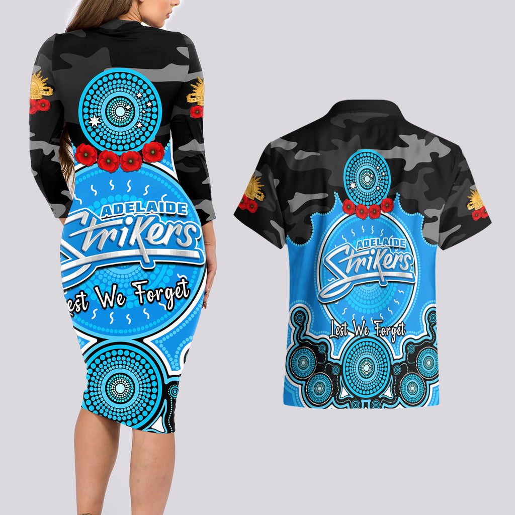 adelaide-strikers-anzac-2024-couples-matching-long-sleeve-bodycon-dress-and-hawaiian-shirt-lest-we-forget-poppy-mix-camouflage