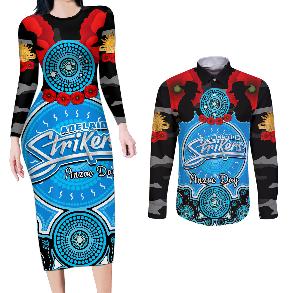 adelaide-strikers-anzac-2024-couples-matching-long-sleeve-bodycon-dress-and-long-sleeve-button-shirt-lest-we-forget-poppy-mix-camouflage