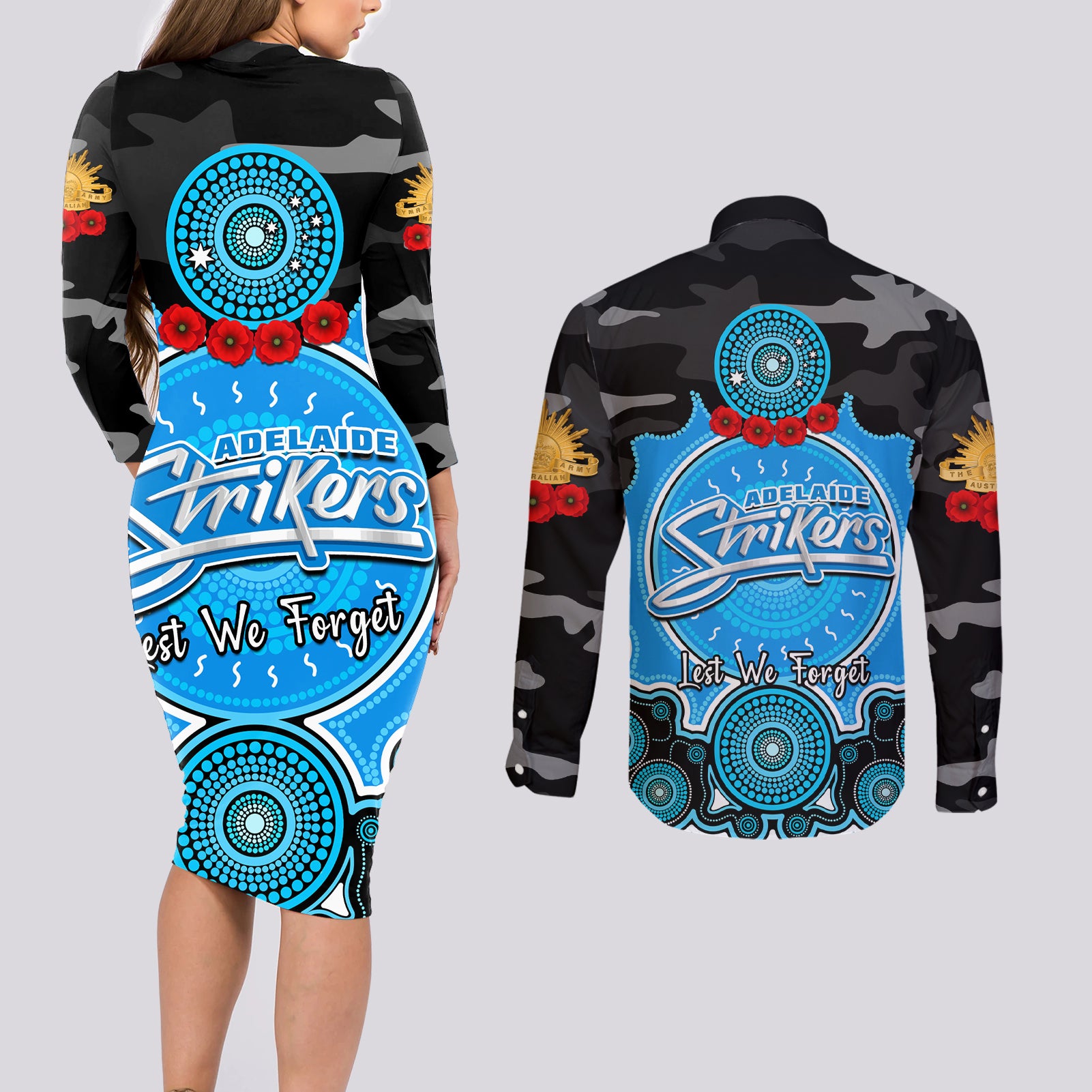 adelaide-strikers-anzac-2024-couples-matching-long-sleeve-bodycon-dress-and-long-sleeve-button-shirt-lest-we-forget-poppy-mix-camouflage