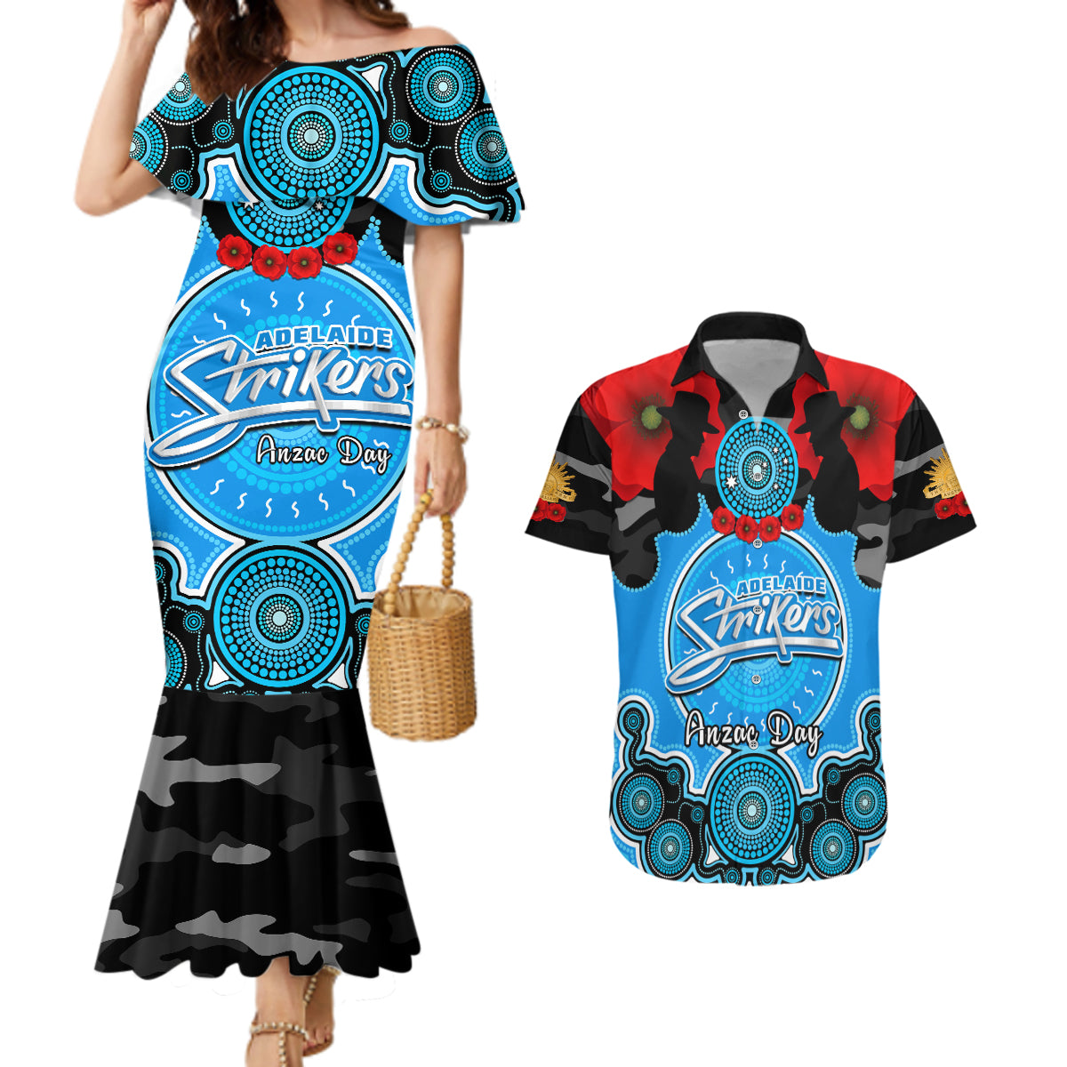 adelaide-strikers-anzac-2024-couples-matching-mermaid-dress-and-hawaiian-shirt-lest-we-forget-poppy-mix-camouflage